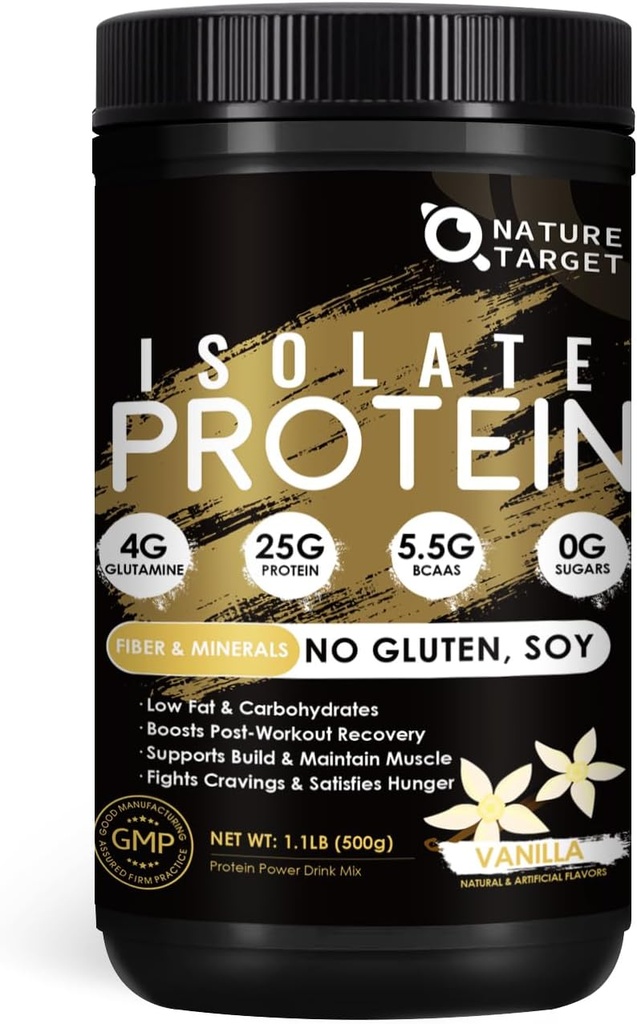 NATURE TARGET Isolate Whey Protein Powder Vanilla, 25g Protein Low Carb Sugar-Free &amp; Gluten-Free, 5.5g BCAAs, Rich in Fibers & Minerals, 1.1 Libra, 16 Servimientos