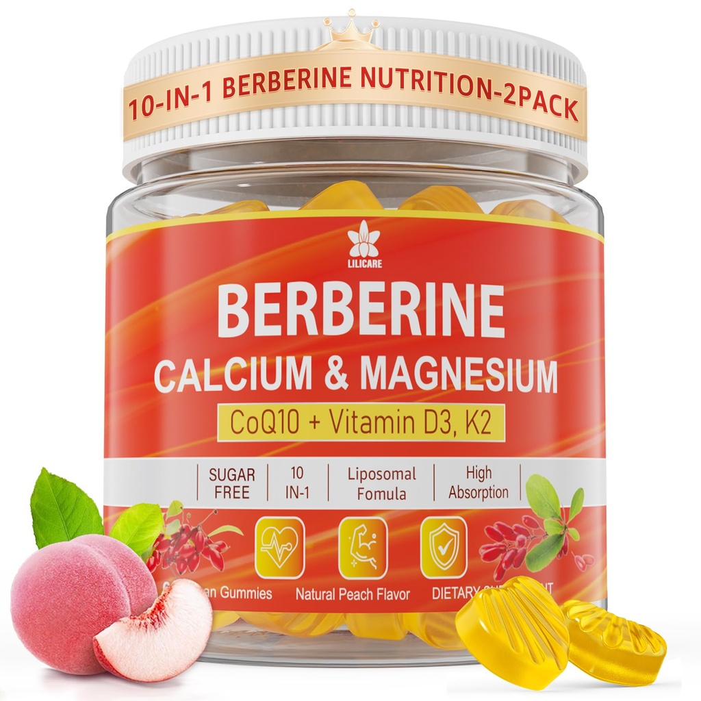 Bereberina Suplemento Gummies Azúcar Libre, Absorción Extra con Berberina Liposomal " Berberina HCI, Calcio, Magnesio, AMPK Activitor for Sugar " Level, Immune, Energy, Metabolism -Pack of 2