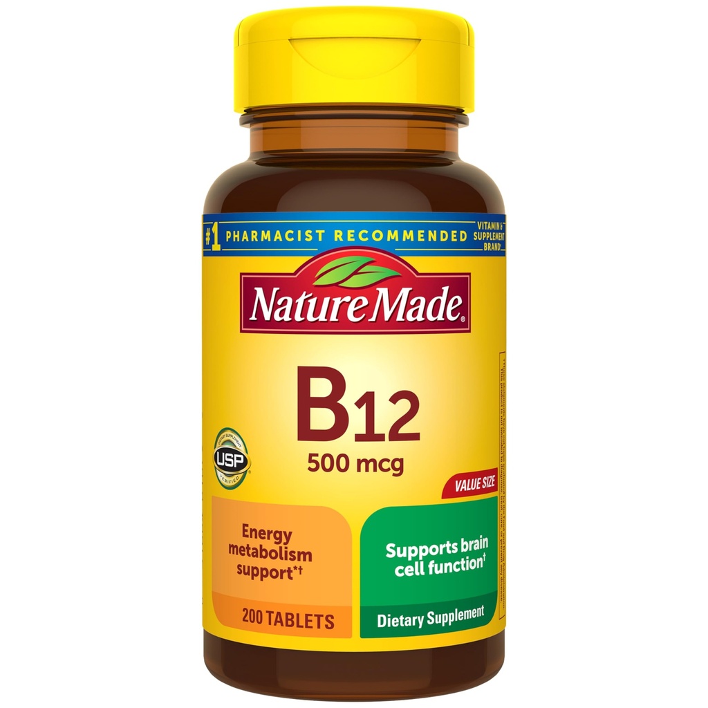 Nature Made Vitamina B12 500 mcg, Suplemento dietético para el apoyo al metabolismo energético, 200 Tablets, 200 Day Supply
