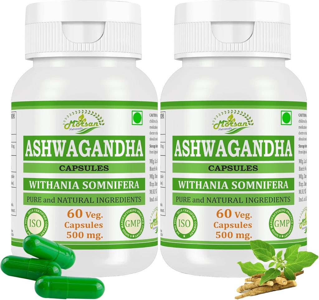 Ashwagandha (Withania Somnifera) Capsules for Men and Women | Ayurvedic Herbal Supplement | 500 mg per Serving | 60 Veggie Capsules | Made with Natural Ashwagandha Root (2 Bottles of 60 Capsules)