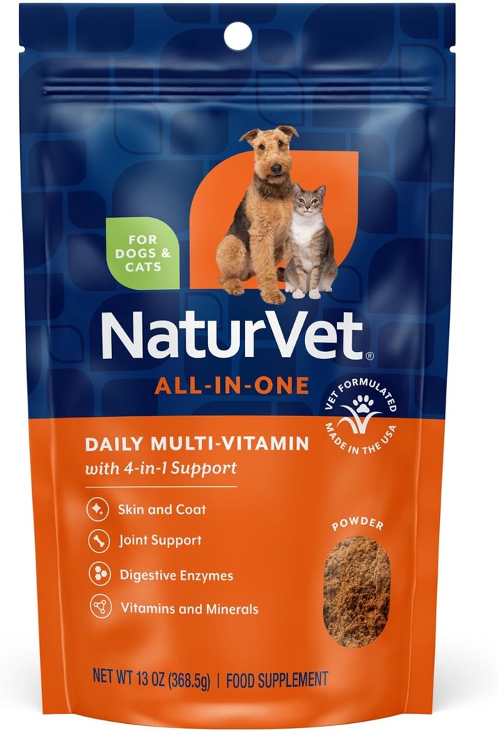 Suplemento de perros NaturVet All-in-One - para soporte conjunto, digestión, piel, cuidado de la carne – Multivitaminas de perros con minerales, Omega-3, 6, 9 – Vitaminas sin trigo para perros – 13-Once Polvo