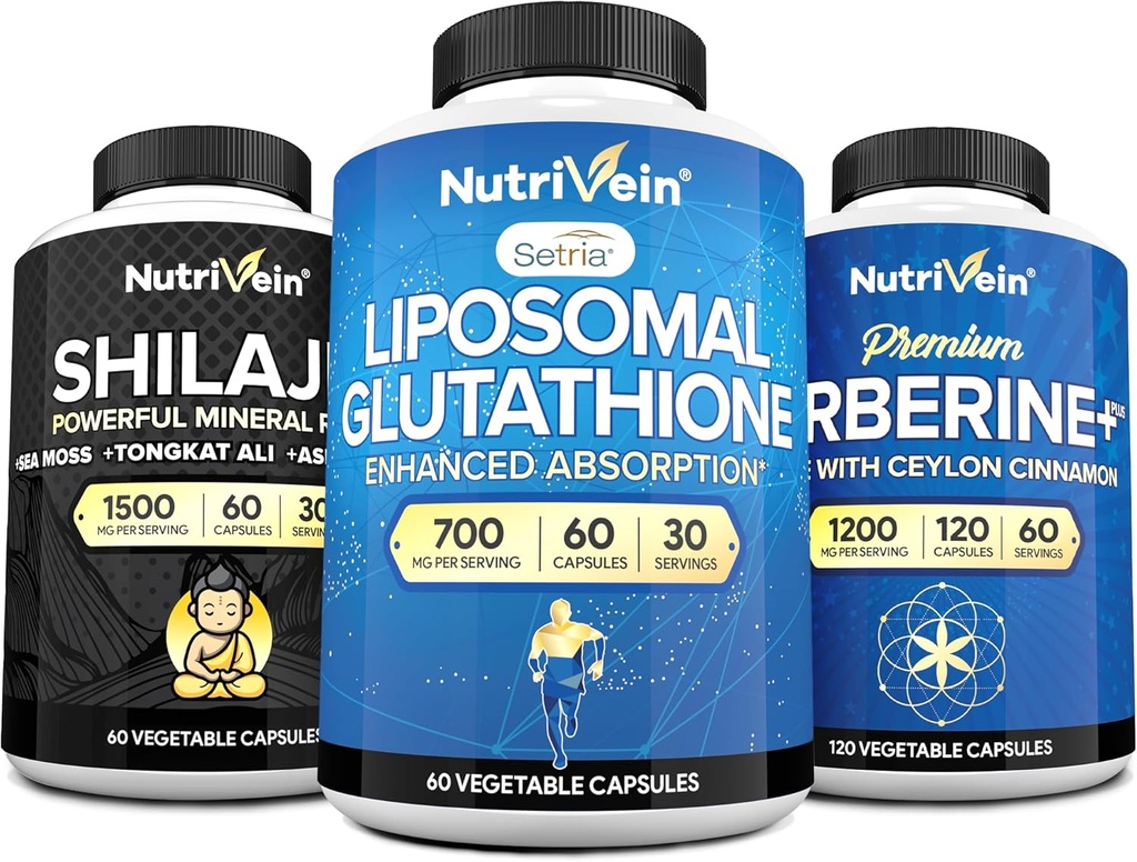 Nutrivein Premium Shilajit Capsules, Liposomal Glutathione Suplemento, " Berberine Supplement Bundle: Berberine, Glutathione, " Shilajit Capsules for Men " Women - Metabolism, Vitality, " Balance
