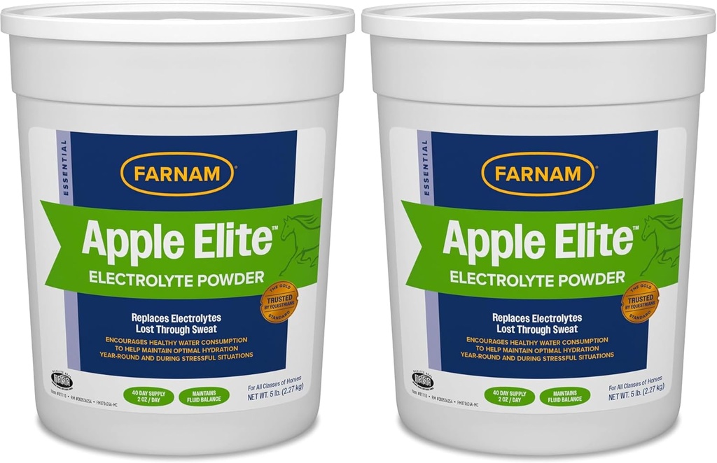 Farnam Manzana Elite Horse Electrolyte Powder, Reemplaza Minerales Perdidos en Sudor durante el ejercicio, Extreme Weather & Stressful Conditions, 5 lb., 40 Day Supply (Pack of 2)