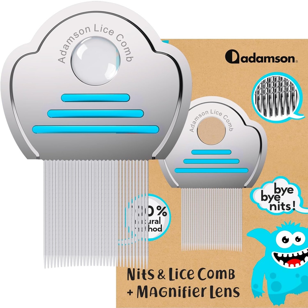 Adamson Lice Comb - Acero Inoxidable Lice Comb for Kids - Nit Comb Efectivo - Lice Combs for Thick Hair - Durable and Easy to Clean - Peine para Piojos y Liendres para Niñas