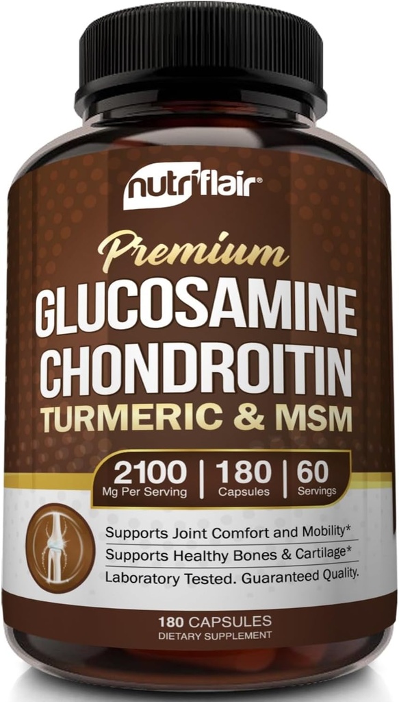 NutriFlair Glucosamine Chondroitin Turmeric MSM Boswellia, 180 Capsules - Suplemento de Confort Conjunto - Natural &amp; No-GMO - Píldoras Antioxidantes - Soportes Atrás, Mangos, Manos, Juntas, Cartilaje