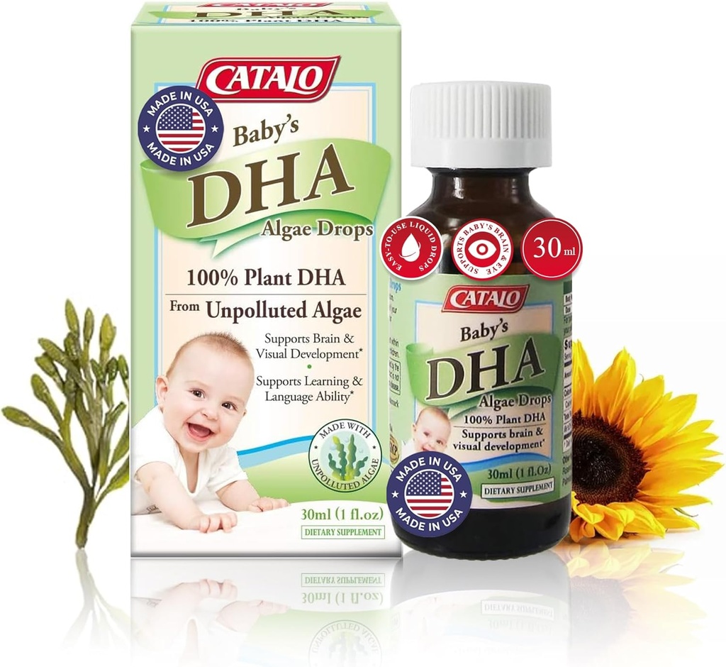 CATALO Baby’s Algae DHA Drops - Planta-Basada Omega-3 Suplemento para bebés - No Fish Oil, No Artificial Additives - Easy-to-Use Liquid DHA Suplementos - 30ml (1 fl oz)