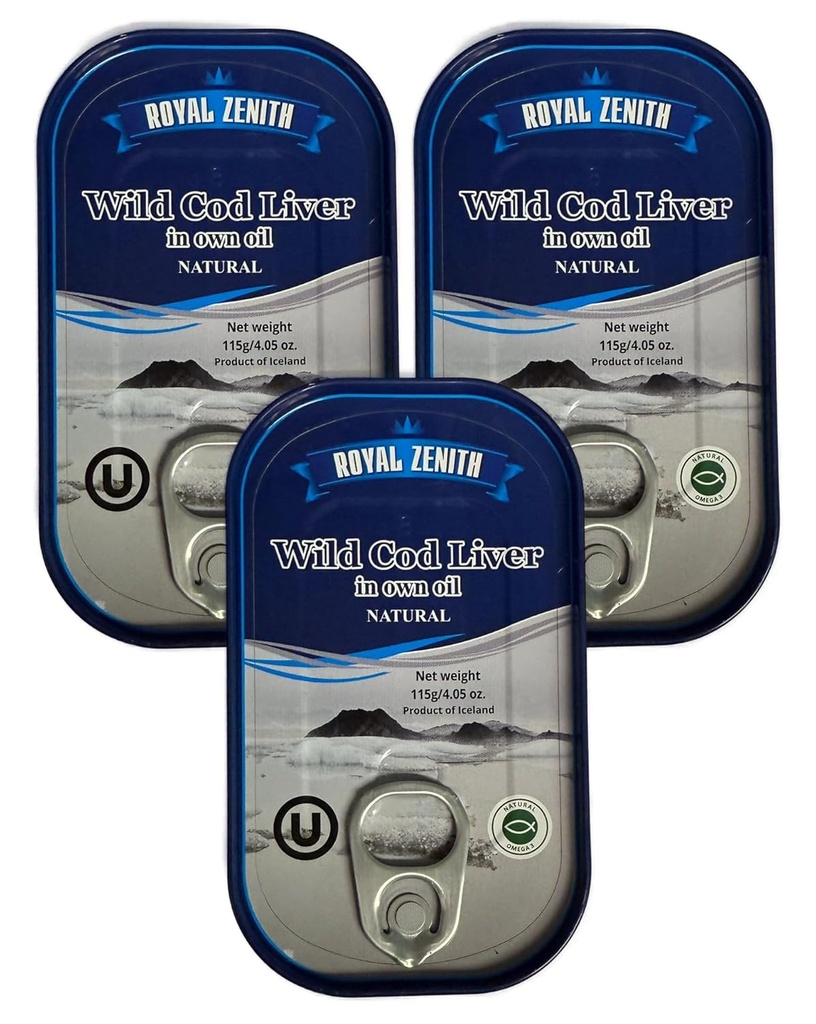 Royal Zenith Islandic Wild Cod Liver 4.05oz/115g Paquete de 3