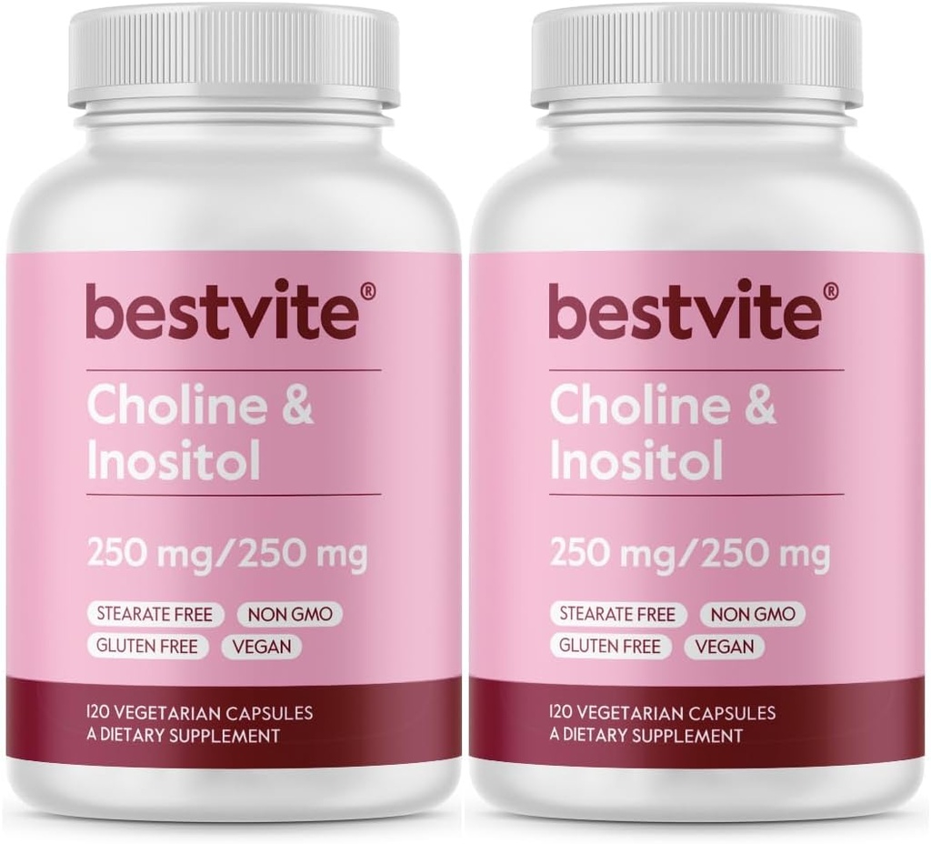BESTVITE Choline Inositol 500mg (240 cápsulas vegetarianas) (120 x 2) - Sin estearatos - sin fosfato de dicalcium - No Fillers - Vegan - No GMO - Gluten Gratis