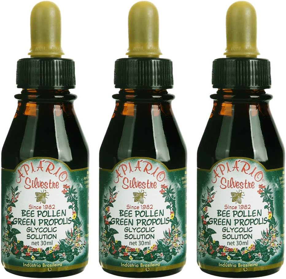 3 botellas de Apiario Silvestre Bee Pollen &amp; Brazil Green Bee Propolis Liquid - Glic extract-Non Alcoholic, Wax Free, Sugar Free