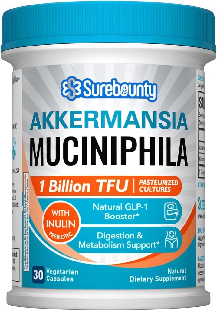 Akkermansia Probiotic GLP-1, 1 Billion TFU, Akkermansia Muciniphila with Prebiotic Inulin Fiber, Gut Health for Men &amp; Women, Vegan, Non-GMO, 30 Caps