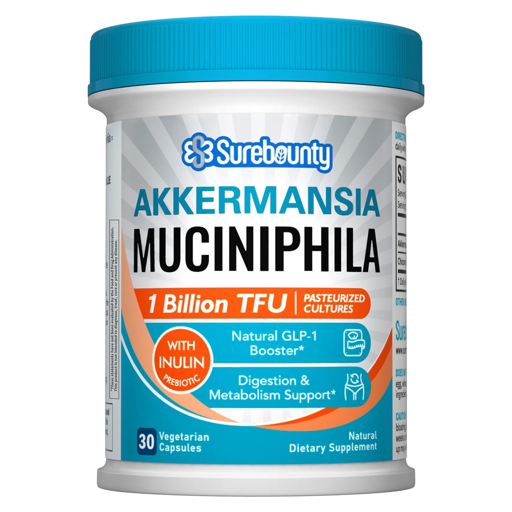 Akkermansia Probiotic GLP-1, 1 Billion TFU, Akkermansia Muciniphila with Prebiotic Inulin Fiber, Gut Health for Men &amp; Women, Vegan, Non-GMO, 30 Caps