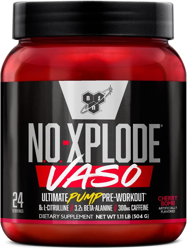 BSN N.O.-XPLODE Vaso Pre Workout Powder con 8g de L-Citrulline y 3.2g Beta-Alanine y Energía, Sabor: Cherry Bomb, 24 Servings