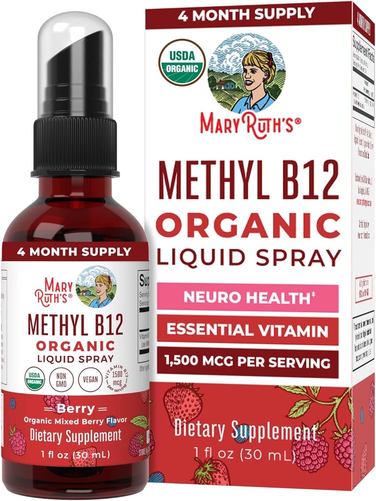 MaryRuth Organics Vitamina B12 Liquid Spray Silencio Vegan, Non-GMO, Gluten-Free TEN USDA Suplemento Orgológico Silencio Energía " Nervous System Support ← B12 Vitaminas para Mujeres " Hombres Silenciosos 1.500 mcg Silencio 1 Fl Oz