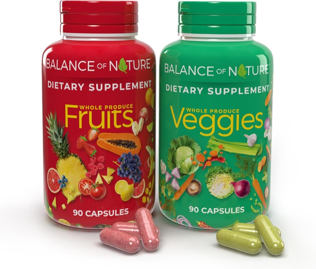 Balance of Nature Fruits and Veggies Supplements - Whole Fruit and Vegetable Ingredients for Women, Men, and Kids - 90 Fruit Capsules, 90 Veggie Capsules - 1 Set