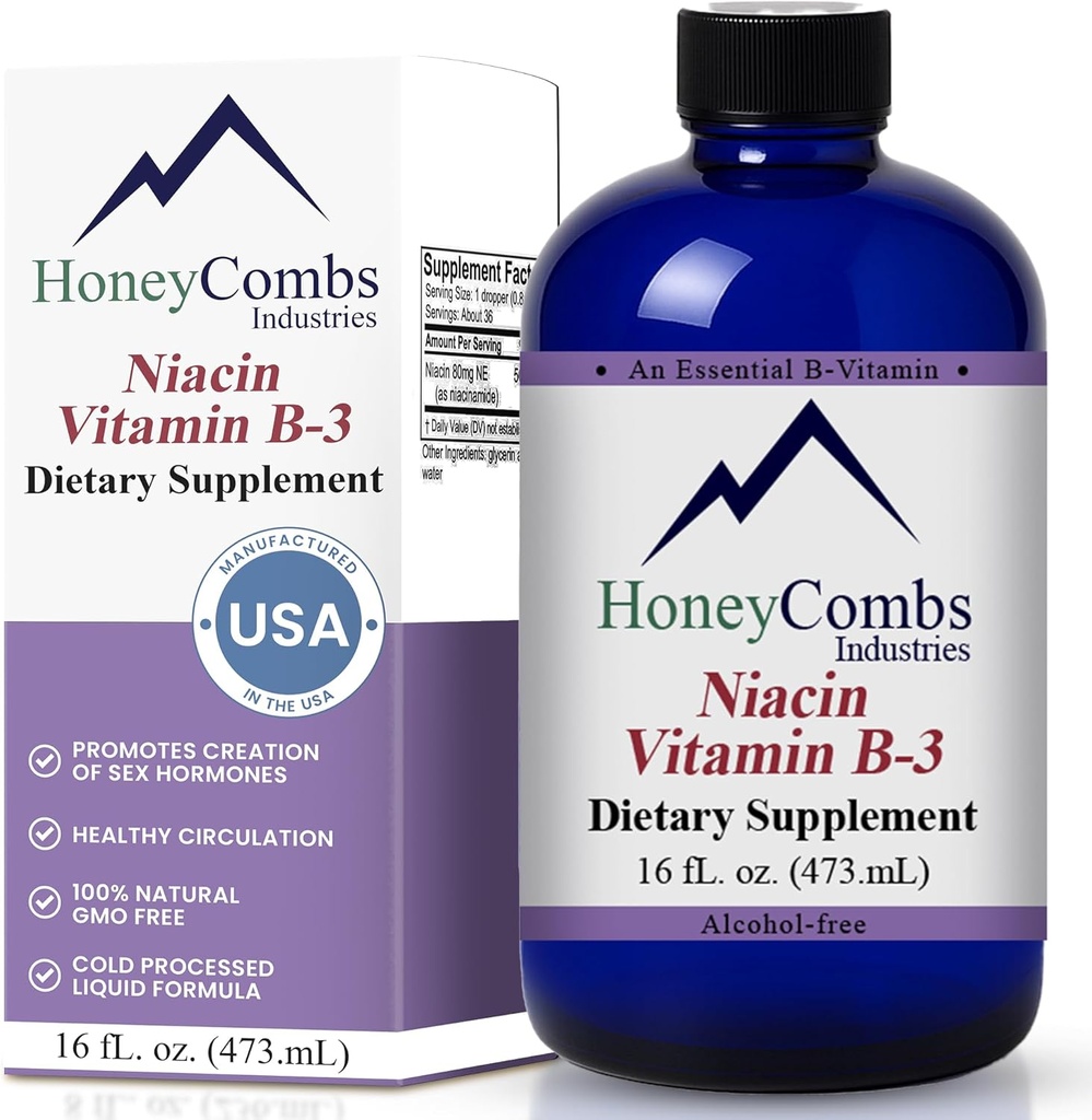HoneyCombs Vitamina B3 Niacin Suplemento Liquid Drops - High Potency Vitamin B3 Liquid Drops for Men &amp; Women - Maintain Digestive System, Skin, Tongue, Energy and More - Vegan Niacin Drop (16 Fl oz)