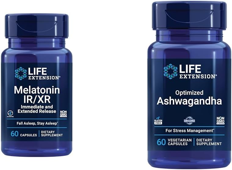 Extensión de la vida Melatonin IR/XR &amp; Optimized Ashwagandha - Sleep, Stress Relief, Focus, Memory - 60 cápsulas