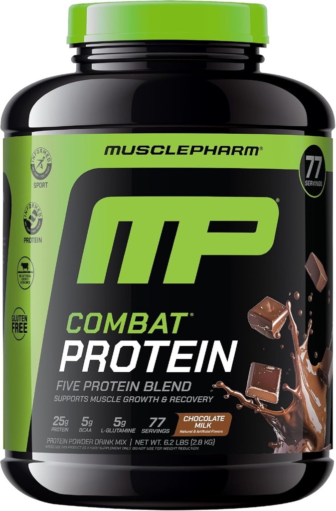 MusclePharm Combat Protein Powder, Chocolate Milk Flavor, Fuels Muscles for Productive Workouts, 5 Protein Sources including Whey Protein Isolate &amp; Egg Albumin, Gluten Free, 6.2 lb, 77 Servings