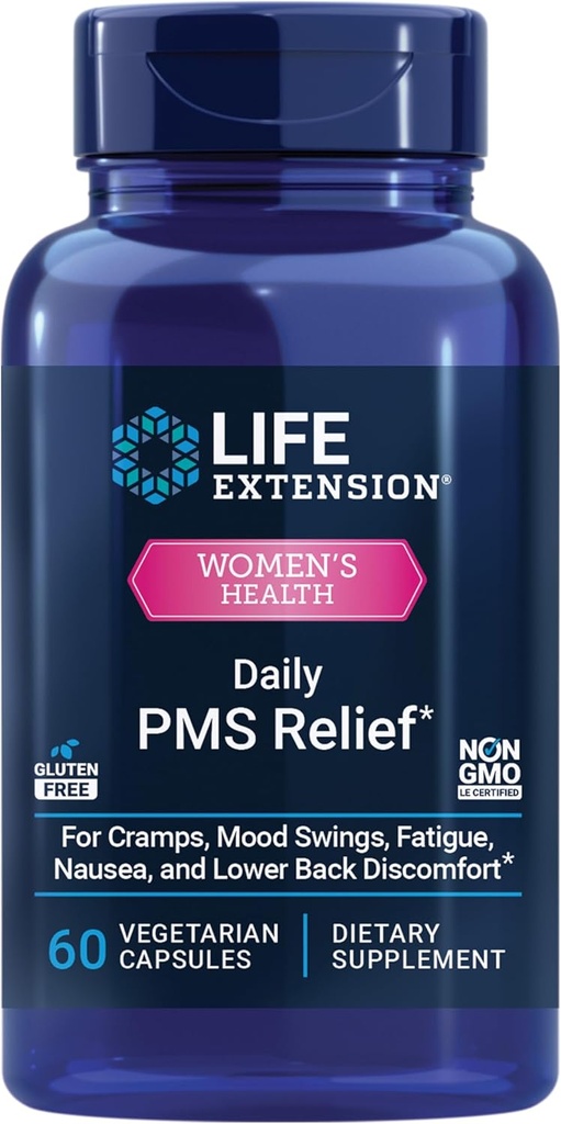 Life Extension Daily PMS Relief, Menstrual Comfort Supplement, PMS-Related Cramps, Lower Back incomodidad, Mood, Ginger, Magnesium, B6, Gluten-Free, Non-GMO, 60 cápsulas