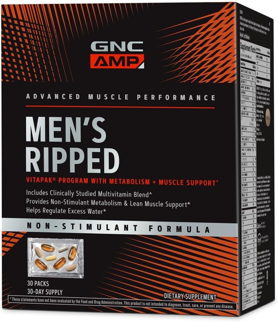 GNC Hombres Ripped Clínicamente Studied Multivitamin Blend, Lean Muscle Support, Fórmula no estimulante, 30 Servimientos