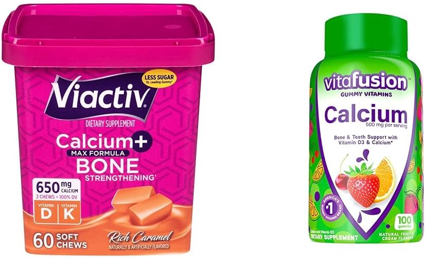 Viactiv Calcium Chews & vitafusion Calcium Gummies, 60 Chews & 100 Cuenta - Bone & Teeth Health Supplements