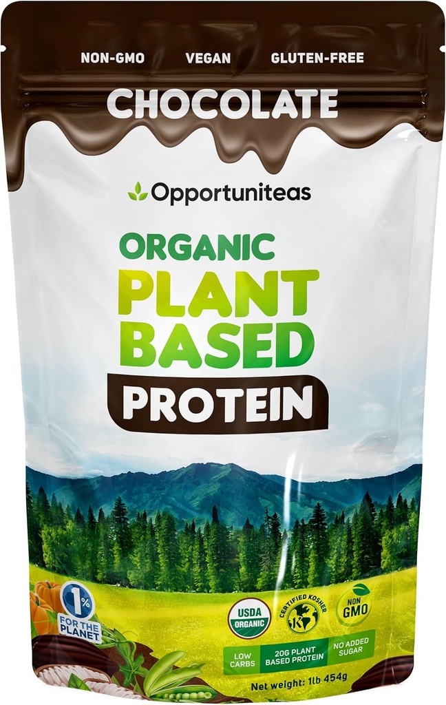 Opportuniteas Pólvora de Proteína orgánica, 20g Proteína vegana de Pea, Calabaza y Arroz, No Azúcar, No GMO, Libre de gluten, Chocolate Creamy, 1 lb