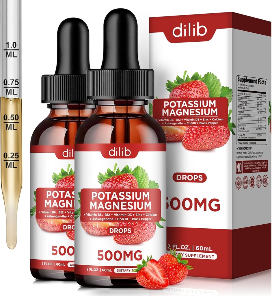 Suplemento de Citrato de Magnesio de Potasio, gotas de Citrato de Magnesio Líquido 500 mg con Ashwagandha, Calcio, Zinc, Vitamina D3, B6, B12, CoQ10 - Soporte Calma &amp; Bone &amp; Muscle &amp; Immune Health Vegan 2 Pack