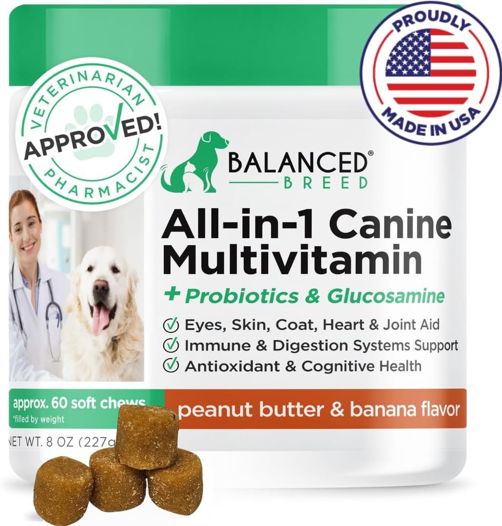 Equilibrio de la raza All-in-1 Dog Vitamins Suplementos Hecho en EE.UU. Vet-Pharmacist Aprobado Perro Multivitamina Probióticos Glucosamine Chondroitin Perros Salmon Oil Skin Coat Immune Senior Dogs Suplemento No GMO