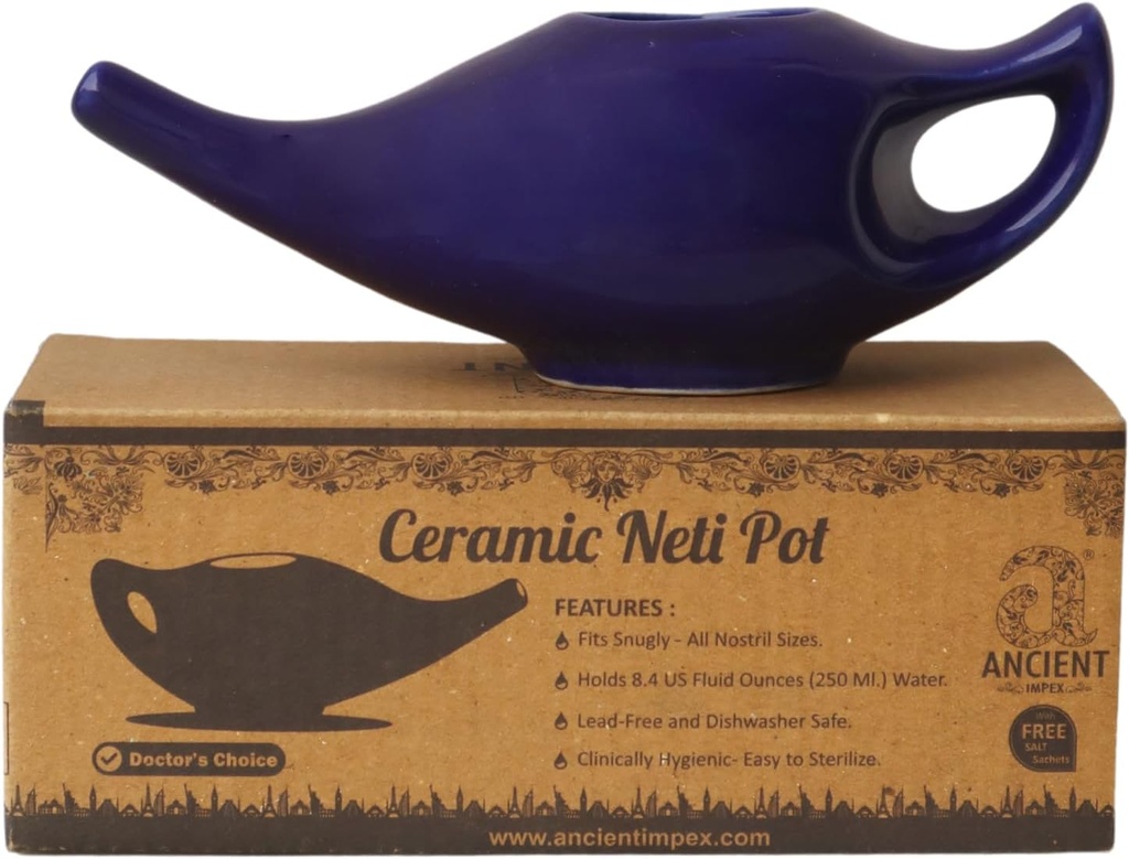 ANCIENTE IMPEX Cerámica Neti Pot 250 Ml (Violet) con 5 Sachets Neti Salt ← Remedio Natural para Nasal Wash, Sinus Relief &amp; Nasal Higiene