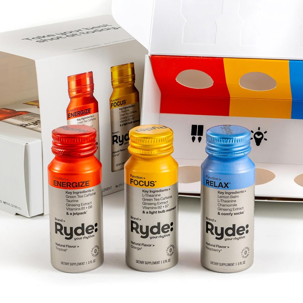 RYDE: Discovery Pack | Energize, Focus & Relax Shots | Green Tea Caffeine, Taurine, Ginseng, B Vitamins, L-Theanine, Lemon Balm, Chamomile | 0 Calories, 0 Sugar | Variety Pack – Try Them All (6 Pack)