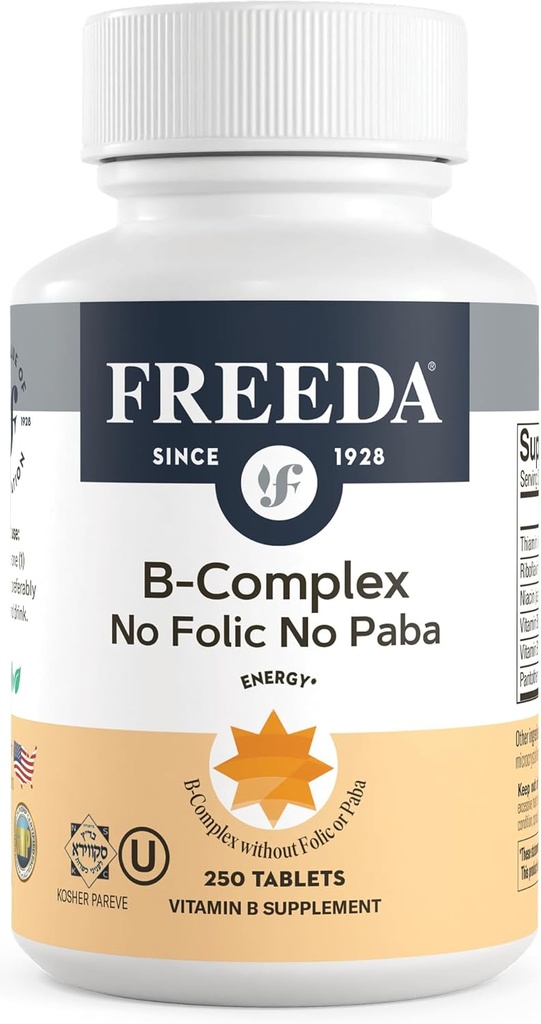 Complejo Freeda Vitamina B No Folic No PABA - Complejo Super B Kosher Vitamina Suplemento con Vitamina B1 Vitamina B2 Vitamina B5 Vitamina B6 Vitamina B12 - Complejo Vit B para Hombres (250 Ct)