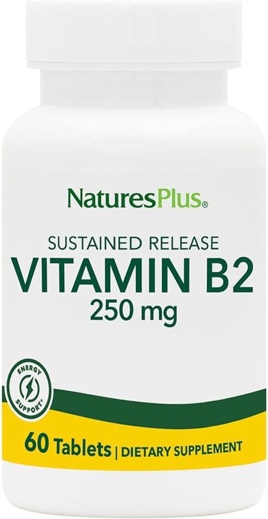 NaturesPlus Vitamina B2 (Riboflavin) - 250 mg, 60 tabletas vegetarianas, liberación sostenida - energía natural &amp; metabolismo Booster, promueve la salud general - Gluten-Free - 60 servicios