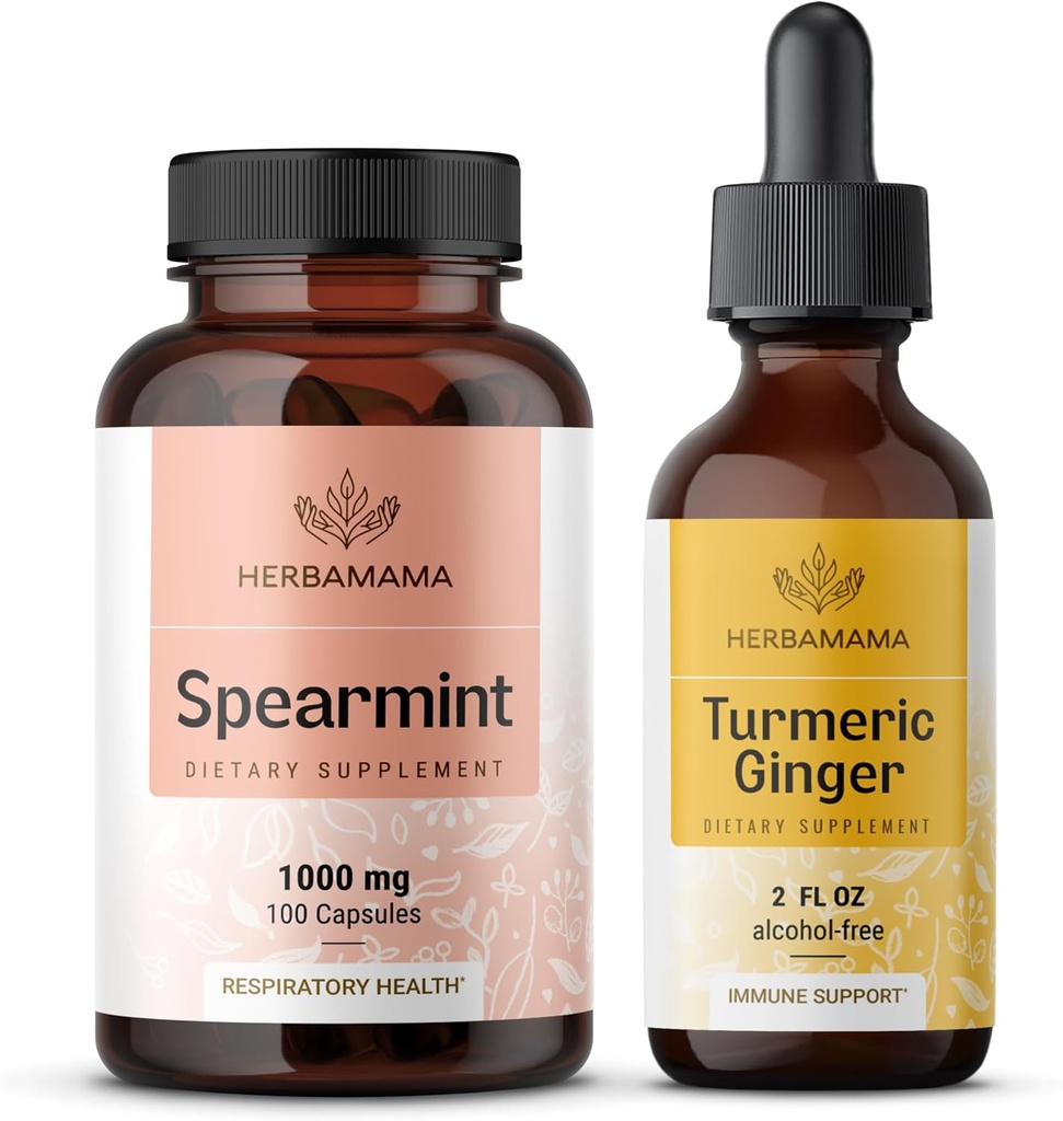HerBAMAMA Spearmint y Turmeric Ginger Kit - Agrupo de 1000 mg Spearmint Leaf Capsules " Turmeric Ginger Tincture 2 fl oz - Vegan, No GMO, Azúcar " Sin alcohol - 2 Pack