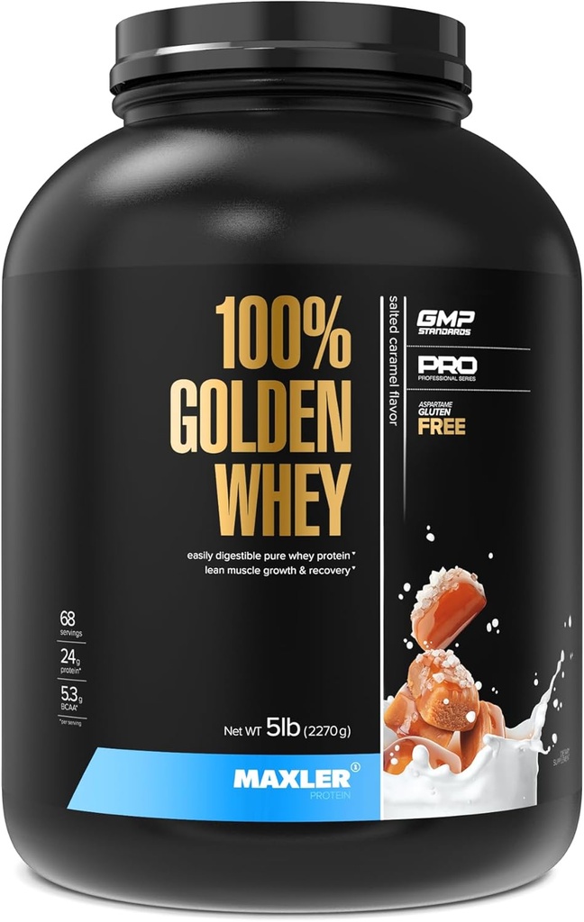 Maxler 100% Golden Whey Protein - 24g de Proteína por Servir - Premium Whey Protein Powder para Pre Post Workout - Fast-Absorbing Whey Concentrate, Isolate & Hydrolysate Blend - Salted Caramel 5 lb