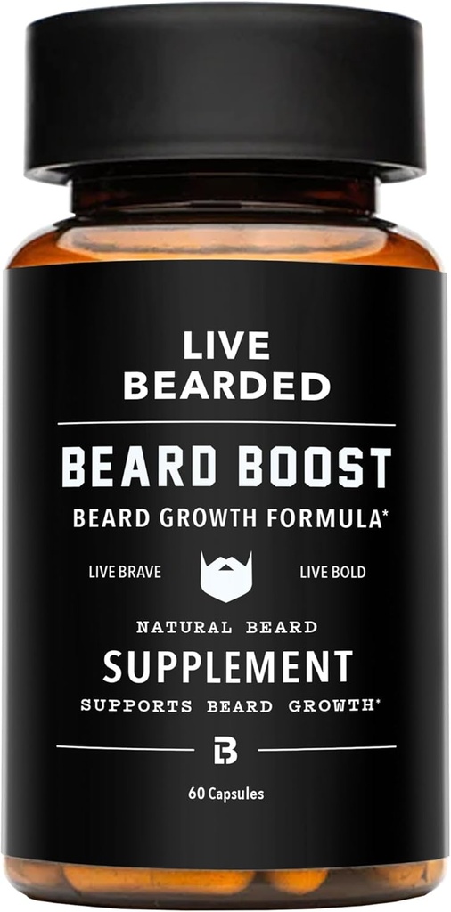 Boost de barba en vivo - Crecimiento de barba Vitaminas para hombres con biotina, colágeno, sílice, raíz de chorro de espuma - Crecimiento facial del cabello para hombres, hecho en los EE.UU.