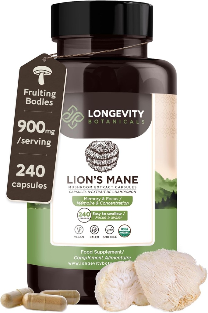 Longevity Botanicals Lion’s Mane Mushroom Extract Capsules (240) ← Concentrado 8:1 Ratio tención 100% Fruiting Bodies  Hericium Erinaceus Suplemento Nootropic para Focus, Memory &amp; Brain Support
