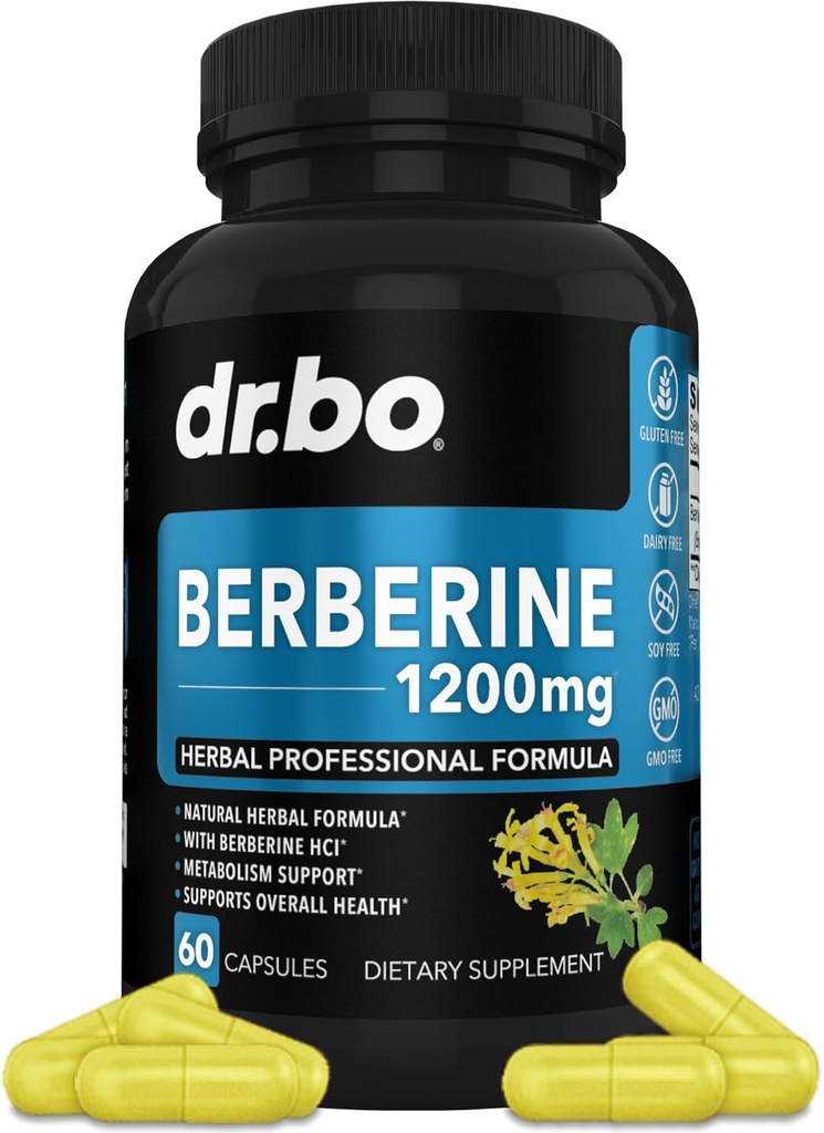 Suplemento bereberina cápsulas - 1200mg Berberine HCL Suplemento para el apoyo metabólico saludable - Complejo natural Premium para hombres y mujeres, suplementos de apoyo puro - 60 pastillas
