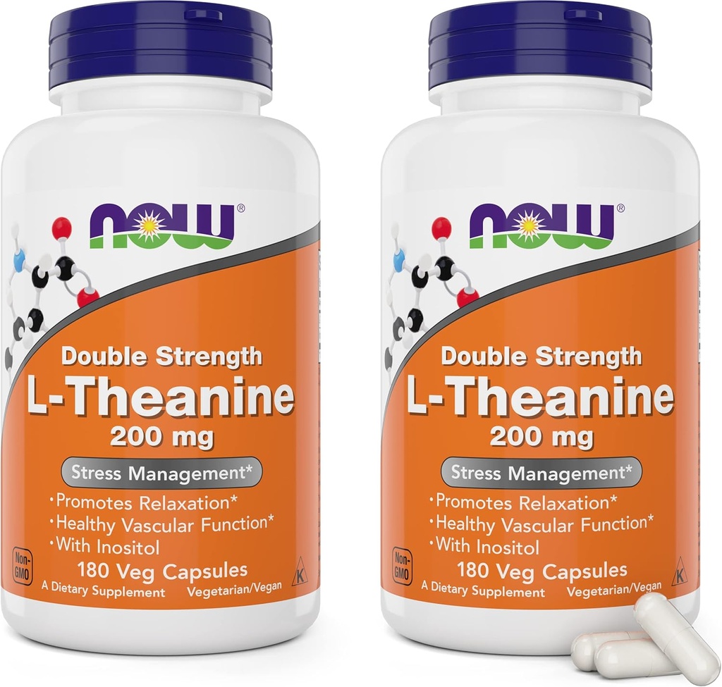 AHORA Foods L-Theanine, Doble fuerza 200 mg Por Cap - 180 Veg Capsules (Pack of 2) (360 gorros totales) - Mejorado con 100 mg Inositol - Vegetariano, No GMO - Ltheanine 200mg Suplemento