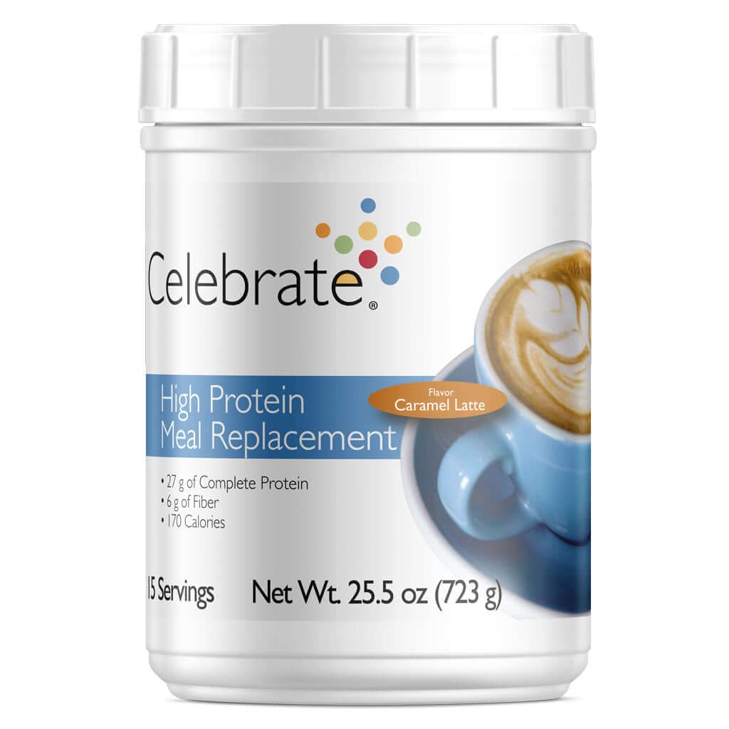 Celebrar Vitaminas High Protein Meal Replacement Shake, 27 g Protein Powder, 6 g de Fiber, Para Pacientes de Cirugía Post-Bariat, Caramel Latte, 15 porciones