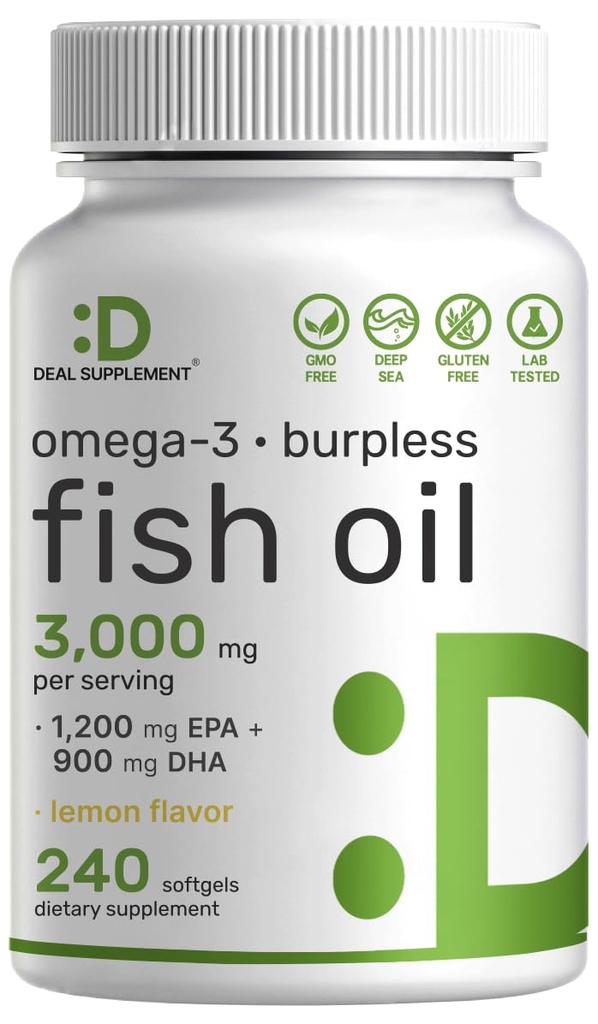 SUPLEMENTO DEAL Omega 3 Suplementos de aceite de pescado, 3000 mg por ser, 240 Softgels – EPA 1,200 mg + DHA 900 mg – Píldoras de Burpless, Limón Flavored, Wild Caught – Brain & Heart Support – Mercury Free, Non-GMO