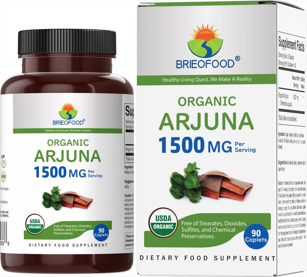 Brieofood Organic Arjuna 1500mg, 45 Servings, Vegetarian, Gluten Free, 90 Vegetarian Tablet
