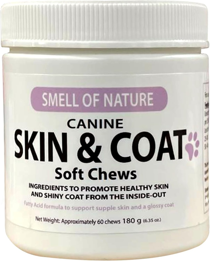 Piel de perro " Coat suplemento Chews - Skin Health Chewable Supplement for All Ages " Breeds - Promueve la piel saludable " Lustrous Coat - Rich in Omega Fatty Acids " Vitaminas – 60 Chews