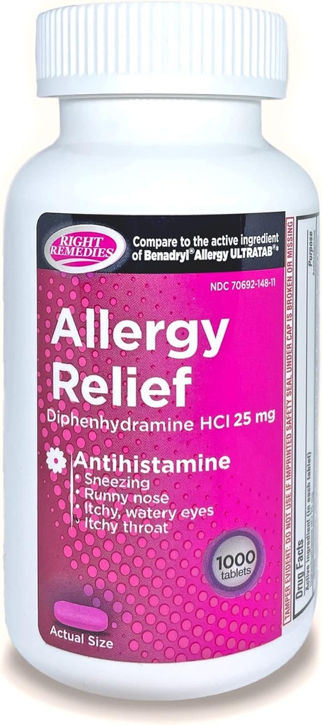 Alivio de la alergia Antihistamínico, Diphenhydramine HCl 25mg, Genérico Benadryl Ultratabs, Alivia el interior estacional o al aire libre alergias respiratorias superiores, 1000 Condes