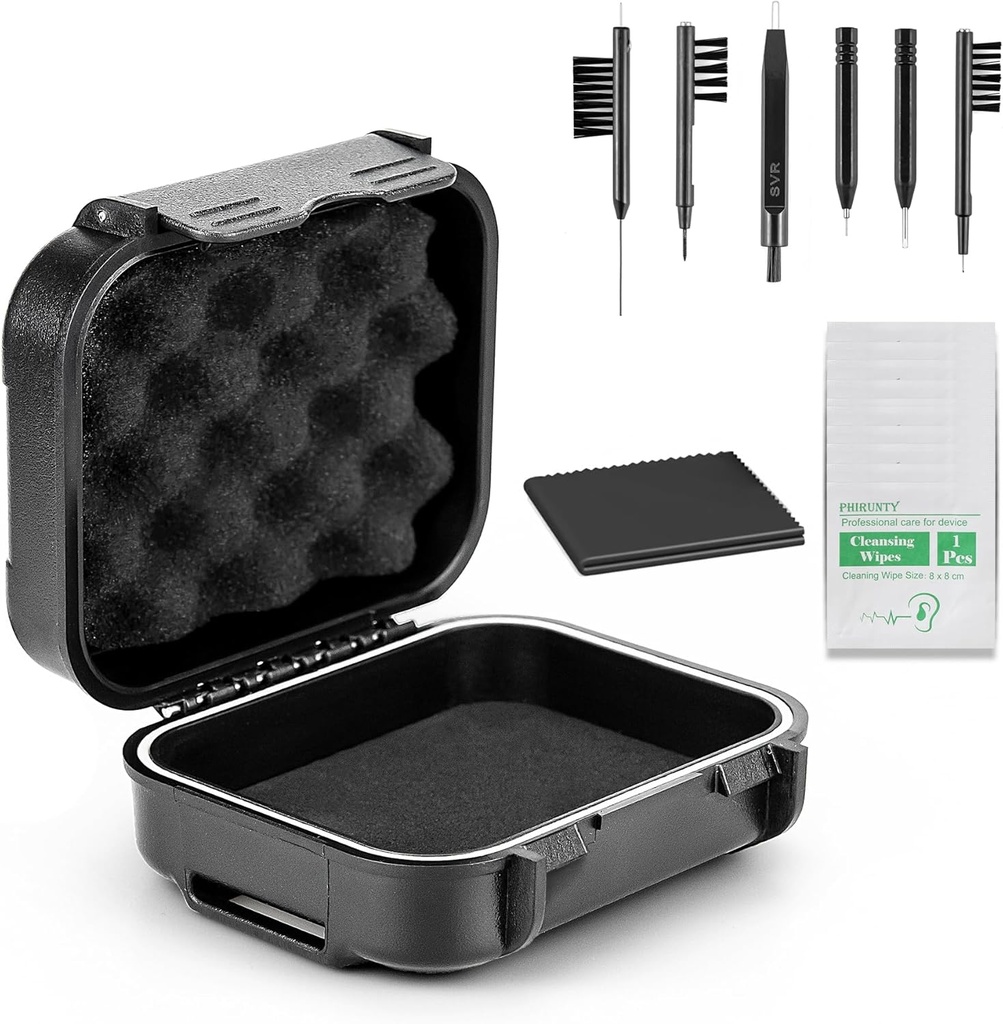 18 piezas Set High Seal Waterproof Hearing Aid Case with Extractable Sponge, Drop-Proof, Shock-Proof and Crush-Proof Storage Box, Hearing Aids Accessories with Cleaning Kits Tool
