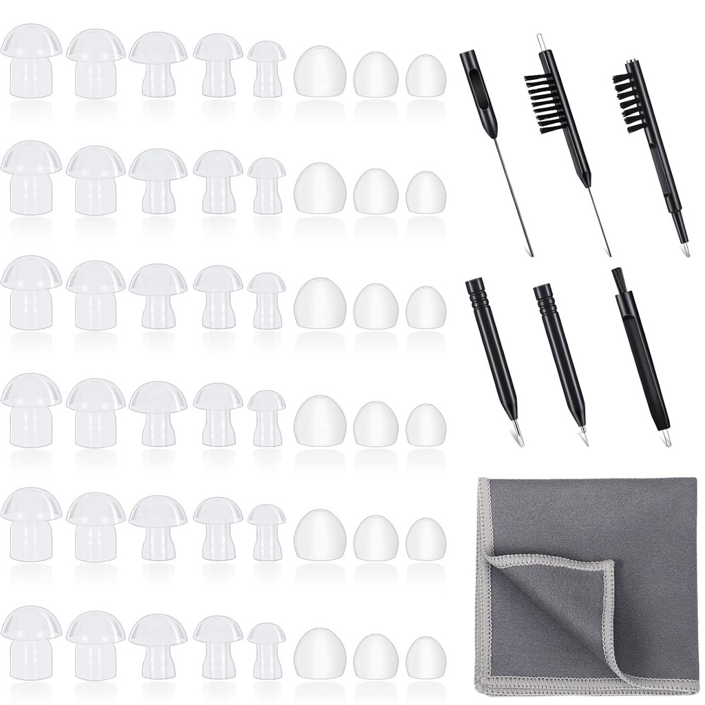 48 piezas Ayuda auditiva Consejos de ayuda auditiva Domes Universal Domes for Earbud Tip Replacement, Amplificador de sonido BTE Accesorios y 7 piezas Herramientas de limpieza con bolsa de terciopelo