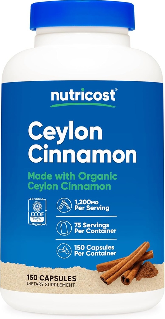 Nutricost Organic Cinnamon (Ceylon Cinnamon) 1.200mg Serving, 150 cápsulas - Gluten Free, Non-GMO