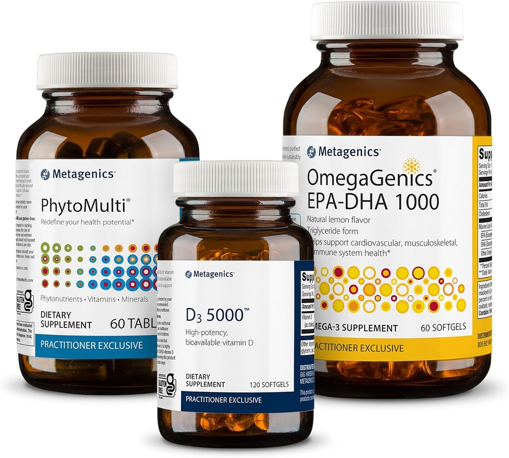 Medicamentos metagénicos sin hierro - 60 Tabletas, OmegaGenics EPA-DHA 1000-60 Softgels, D3 5000-120 Softgels