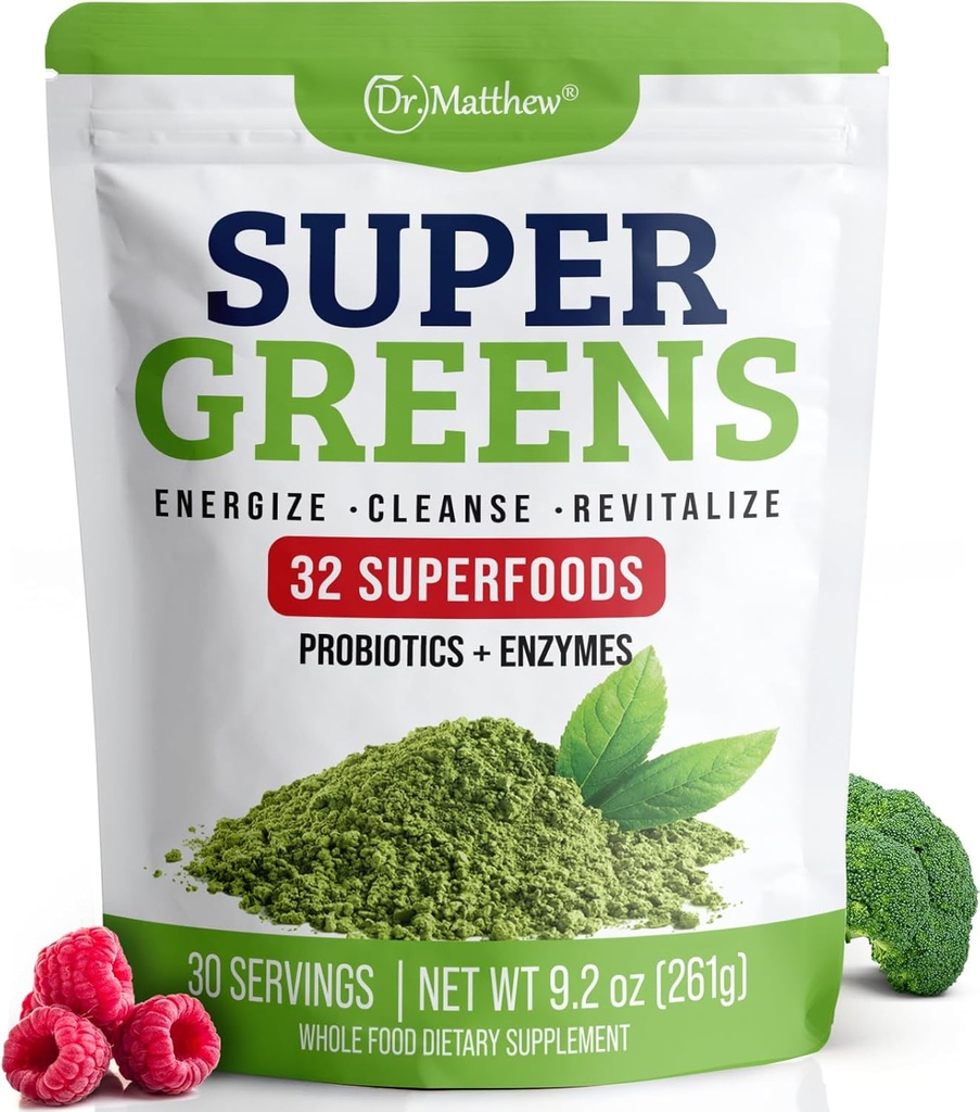 Green Juice Powder. Supergreens Superfood Powder. Detox Greens for Bloating and Digestion. Veggie Powder con Probióticos & Enzymes. Clorella, Spirulina, Wheat Grass, Ashwagandha. 32 Superalimentos