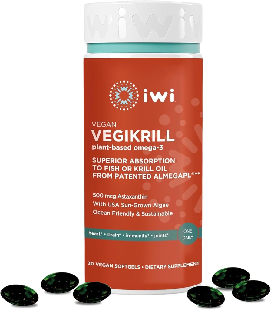 iwi Life Vegikrill Omega-3, 30 Softgels (30 Servings), Vegan, Alga de base vegetal Omega-3 con Astaxanthin, Suplemento dietético de apoyo integral, Krill " Fish Oil Alternative, No Fishy Aftertaste