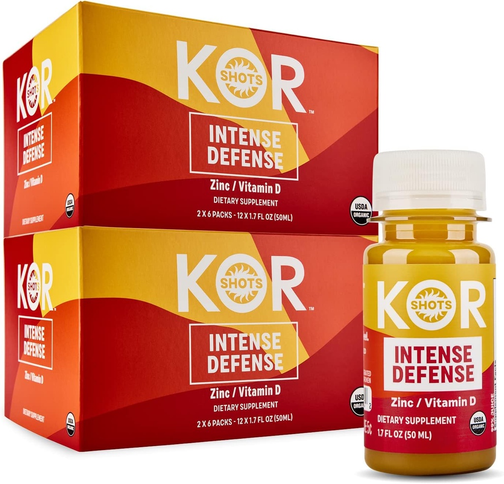 Kor Shot Vitamin D & Zinc Shot - 24 Pack x 1.7 Fl Oz - Intense Defense - 100% DV of Zinc and 235% DV of Vitamin D- USDA Certified Organic