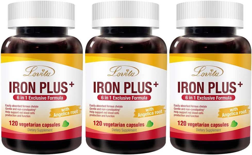 Lovita Iron 18 mg, 6 en 1 Suplemento Hierro para Mujeres, con Vitamina C, Dong Quai & B12, Vitamina Vegana para apoyar la producción de células rojas sin estreñimiento, 120 cápsulas (Pack of 3)